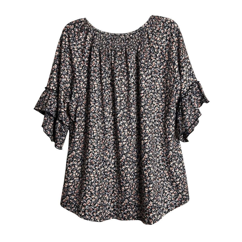 Micoson XL Women's Floral Peasant Top Black Beige NWT